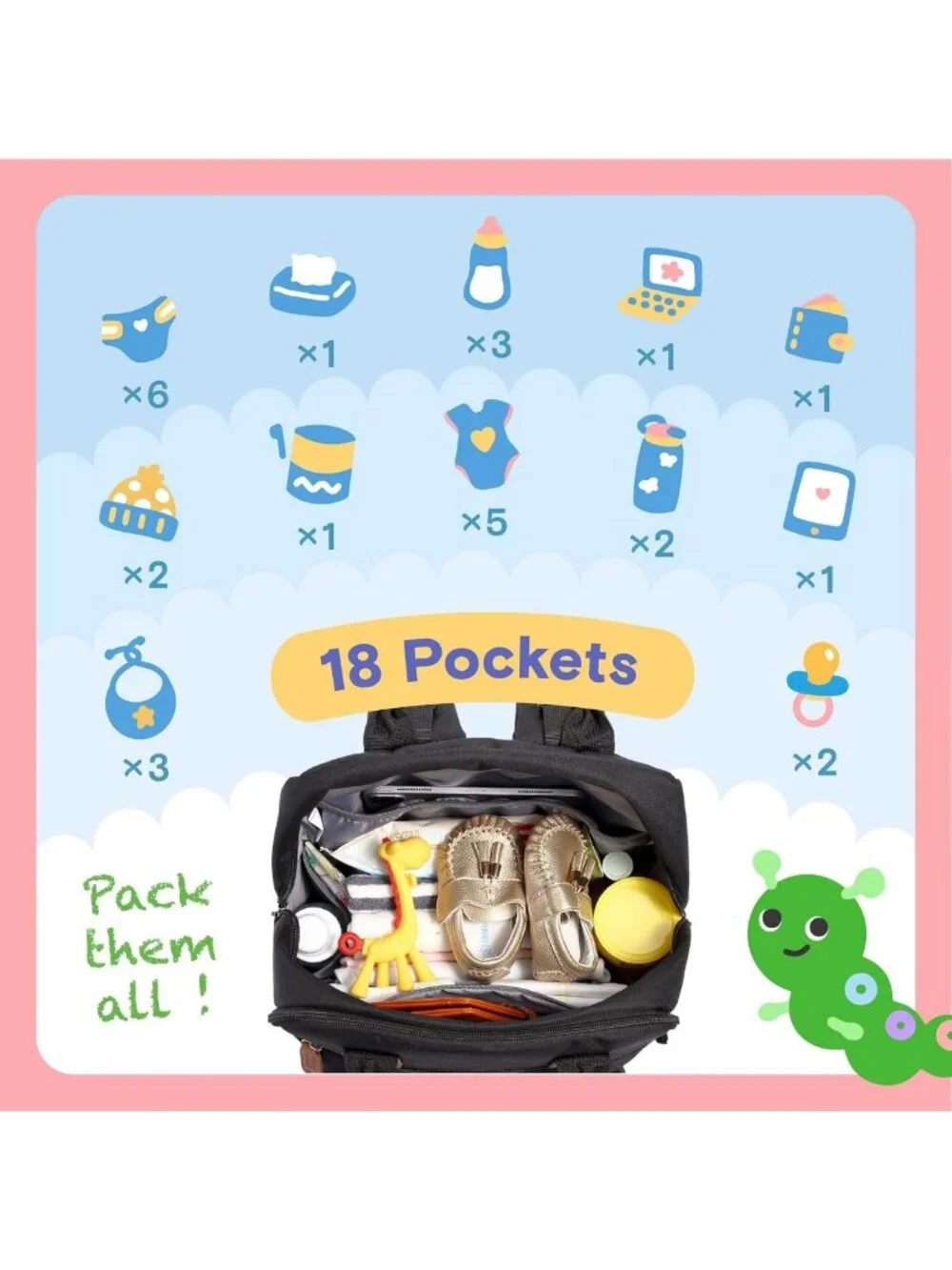 Large Waterproof Diaper Bag Backpack | 4-in-1 Unisex Baby Travel Bag & Pouch